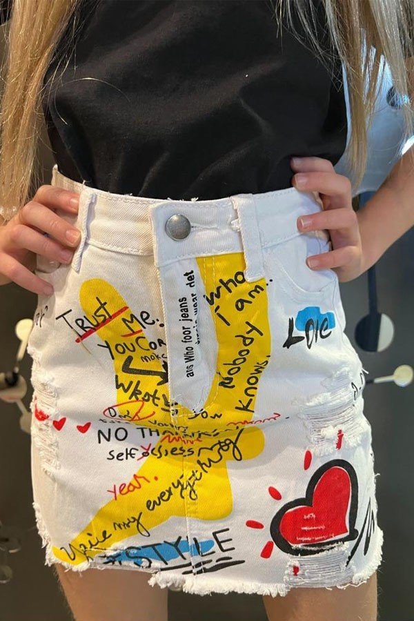 Printed Words and Heart Graphics in Distressed Girls Denim Skirt