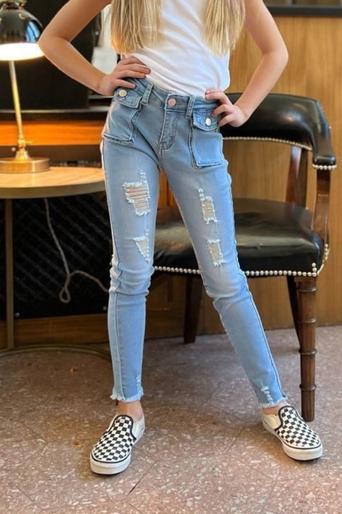 Mid-Rise Waist Raw Hem Distressed Girls Denim Jeans