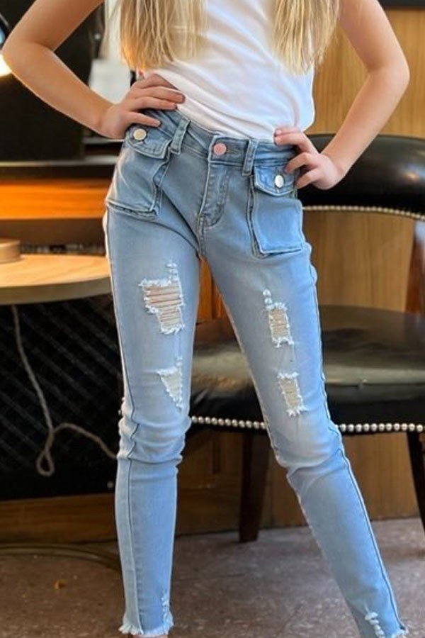 Mid-Rise Waist Raw Hem Distressed Girls Denim Jeans