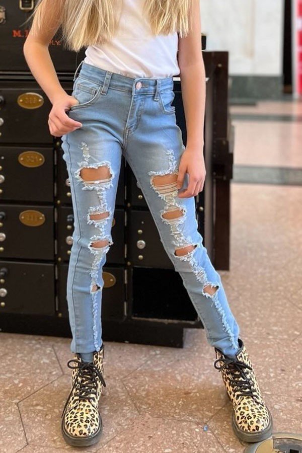 Mid Waisted Ripped Distressed Girls Denim Jeans